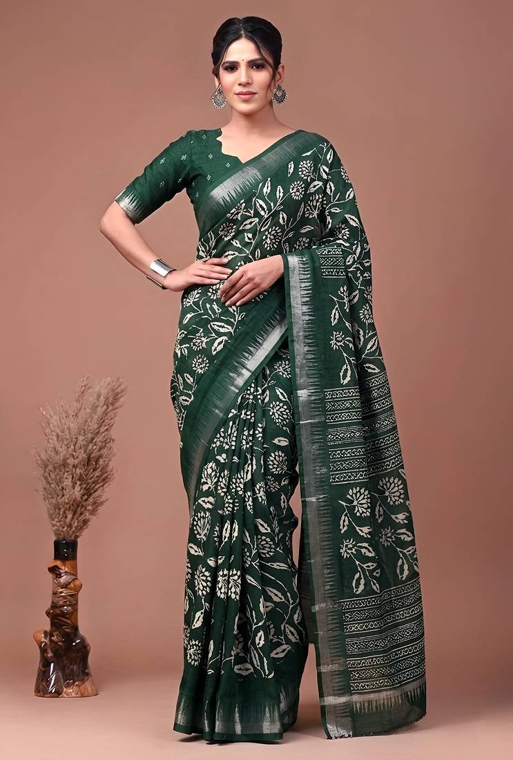 Printed slub silk saree with zari border