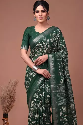 Printed slub silk saree with zari border