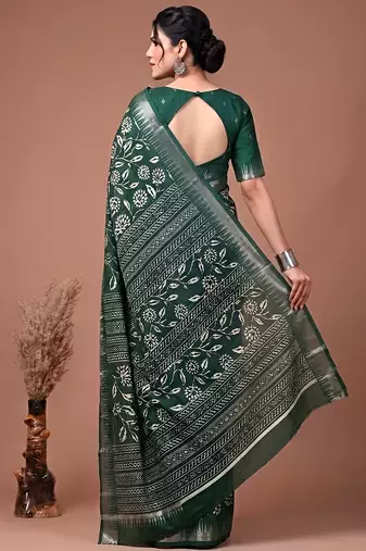 Printed slub silk saree with zari border
