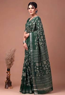 Printed slub silk saree with zari border 4