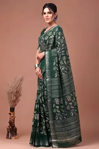Printed slub silk saree with zari border