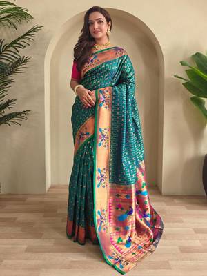 Teal art silk  woven saree 1