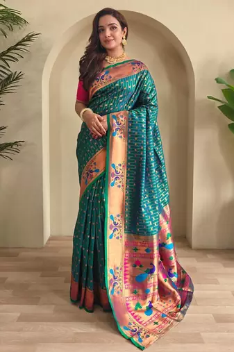 Teal art silk  woven saree