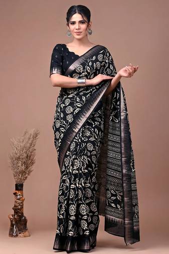 Printed slub silk saree with zari border