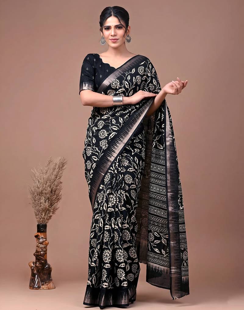 Printed slub silk saree with zari border