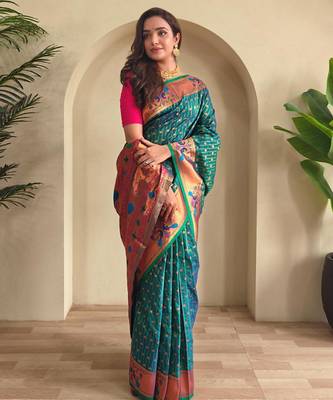 Teal art silk  woven saree 2