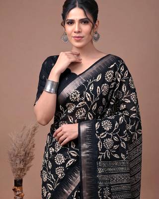 Printed slub silk saree with zari border 2