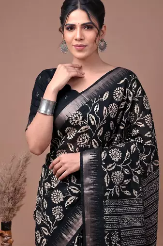 Printed slub silk saree with zari border