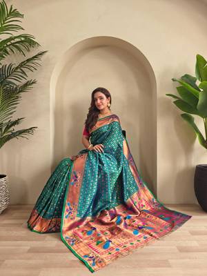 Teal art silk  woven saree 4