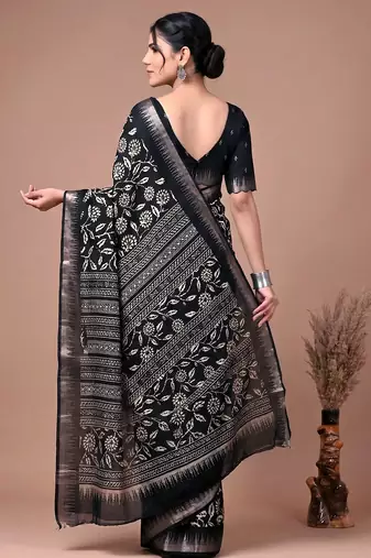 Printed slub silk saree with zari border