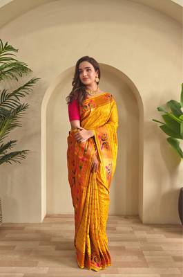 Yellow art silk  woven saree 1