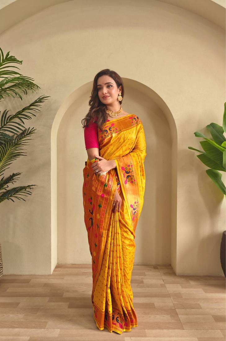 Yellow art silk  woven saree