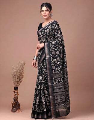 Printed slub silk saree with zari border 4