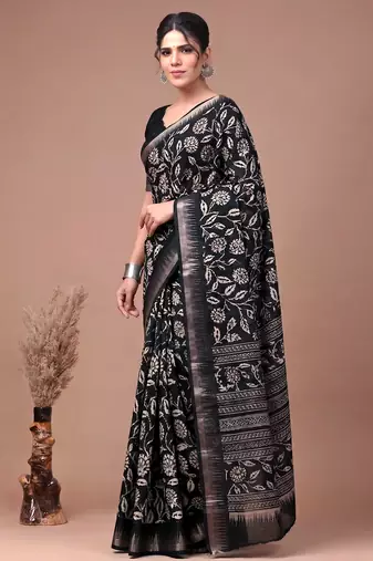Printed slub silk saree with zari border