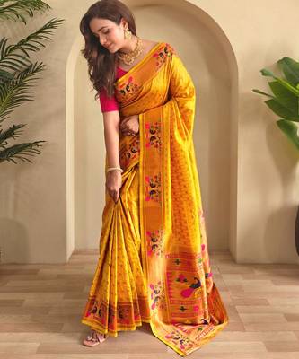 Yellow art silk  woven saree 2