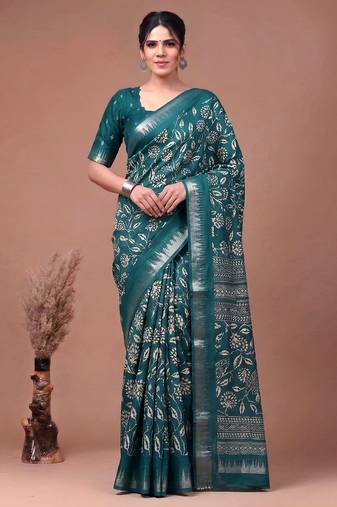 Printed slub silk saree with zari border