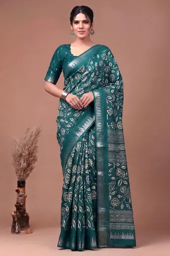 Printed slub silk saree with zari border