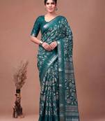 Printed slub silk saree with zari border