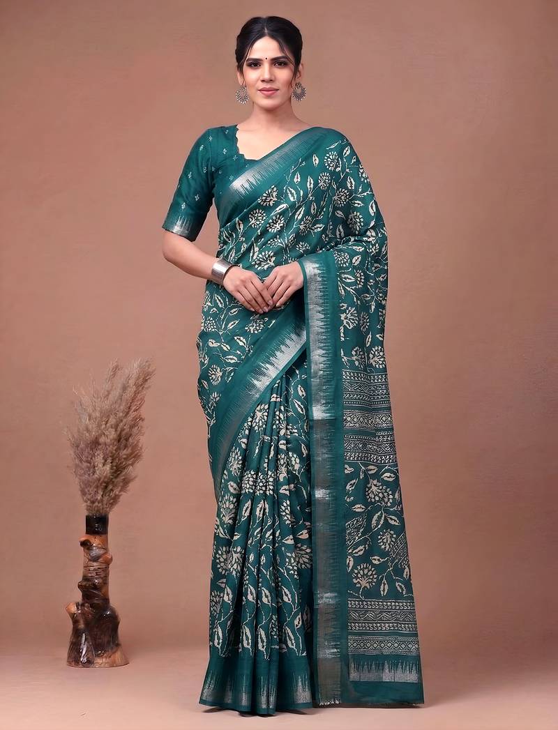 Printed slub silk saree with zari border