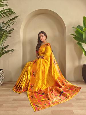 Yellow art silk  woven saree 4