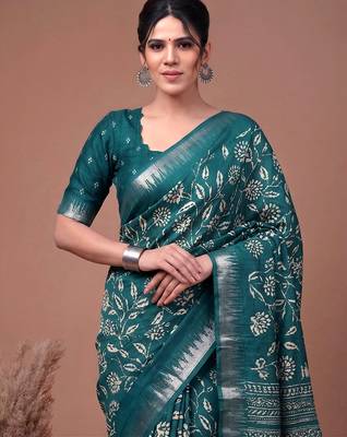 Printed slub silk saree with zari border 2