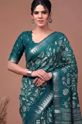 Printed slub silk saree with zari border
