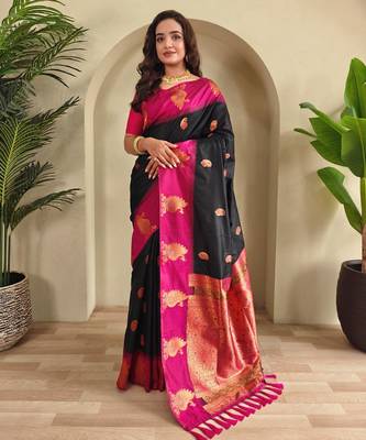 Black art silk  woven saree 1