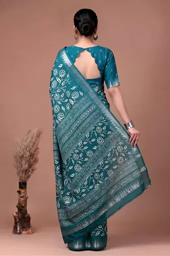 Printed slub silk saree with zari border