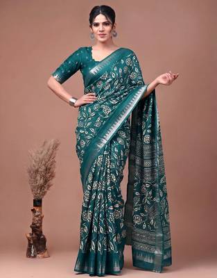 Printed slub silk saree with zari border 4