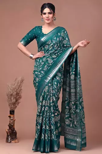 Printed slub silk saree with zari border