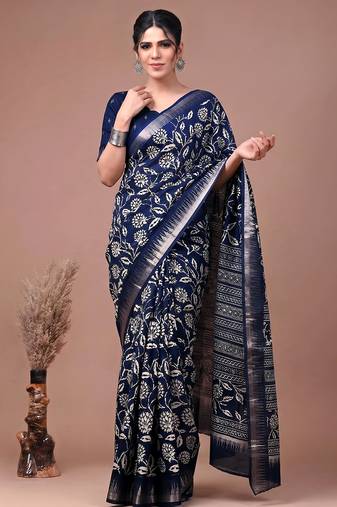 Printed slub silk saree with zari border