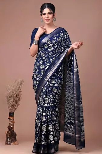 Printed slub silk saree with zari border