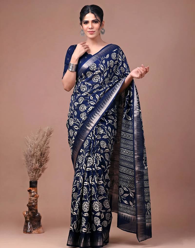 Printed slub silk saree with zari border