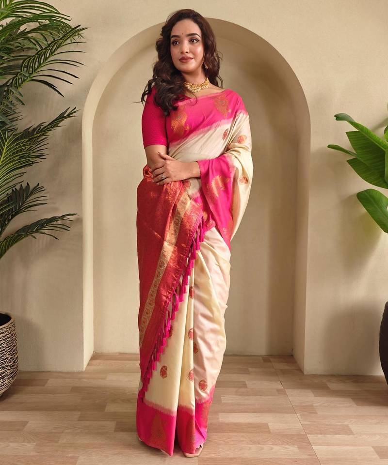 Cream art silk  woven saree