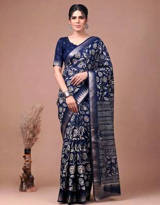 Printed slub silk saree with zari border 2
