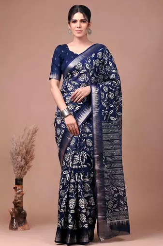 Printed slub silk saree with zari border