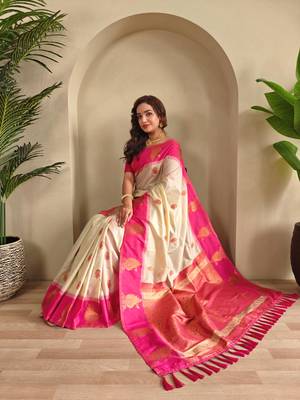 Cream art silk  woven saree 4