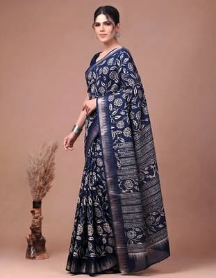Printed slub silk saree with zari border 3
