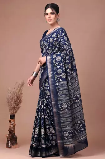 Printed slub silk saree with zari border