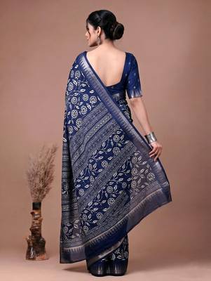 Printed slub silk saree with zari border 4