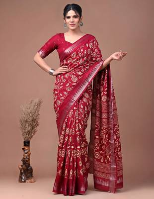 Printed slub silk saree with zari border 1