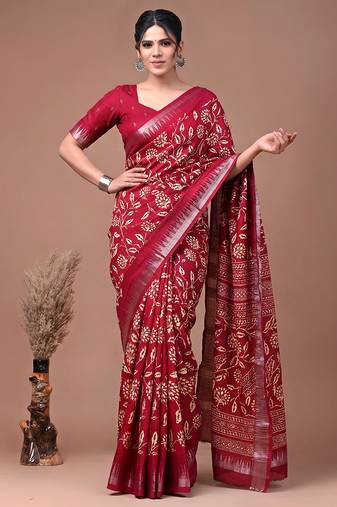 Printed slub silk saree with zari border