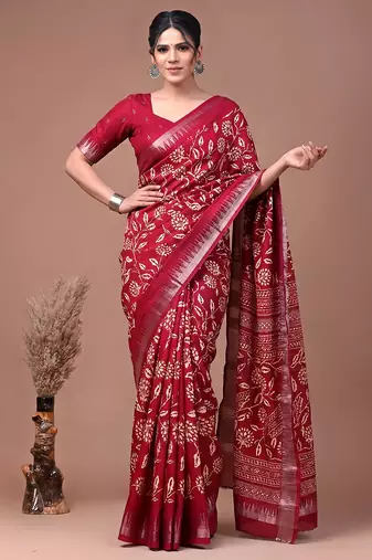 Printed slub silk saree with zari border