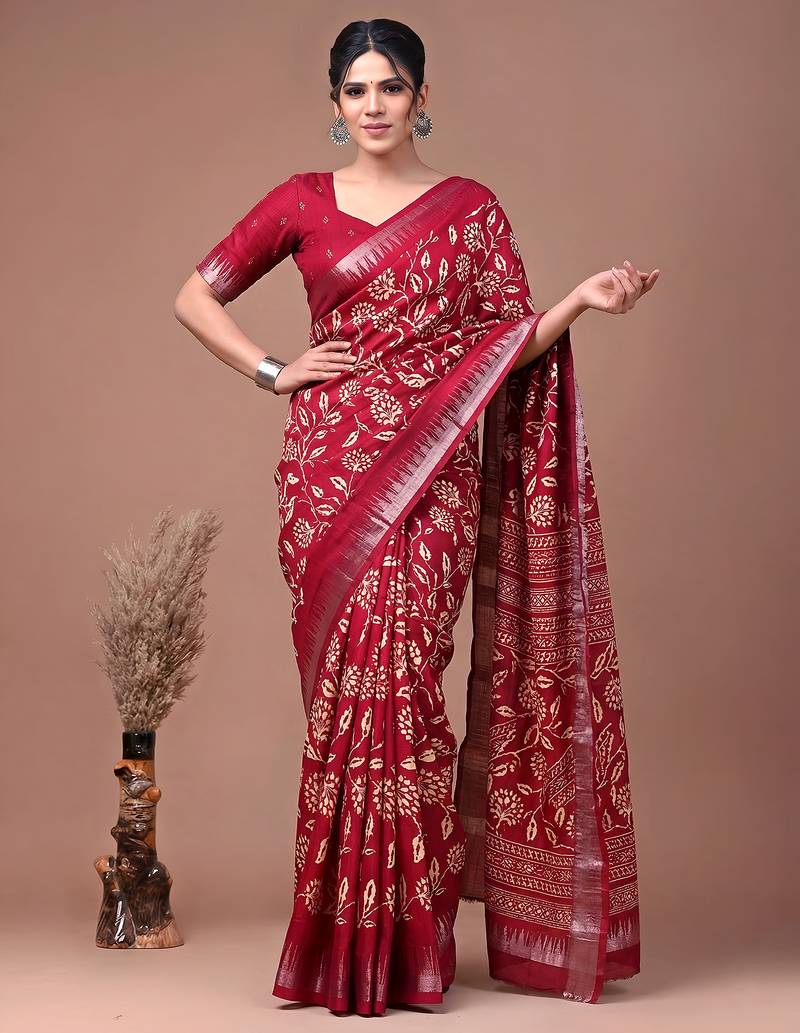 Printed slub silk saree with zari border