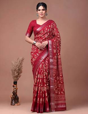 Printed slub silk saree with zari border 2