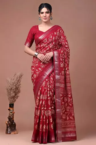 Printed slub silk saree with zari border