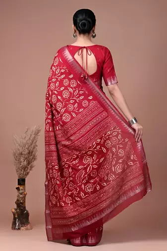 Printed slub silk saree with zari border