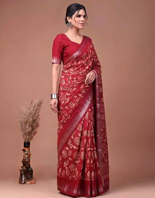 Printed slub silk saree with zari border 4