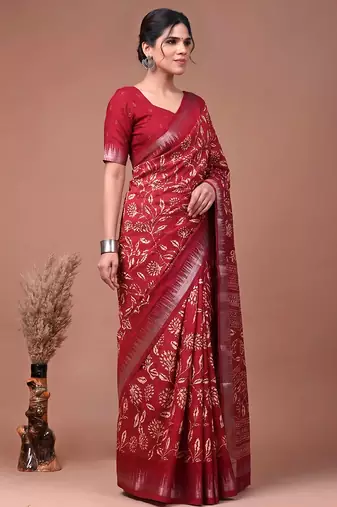 Printed slub silk saree with zari border