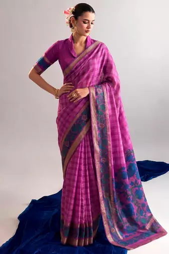 Checkered polyester viscose chanderi saree featuring vibrant printed motifs & traditional zari border